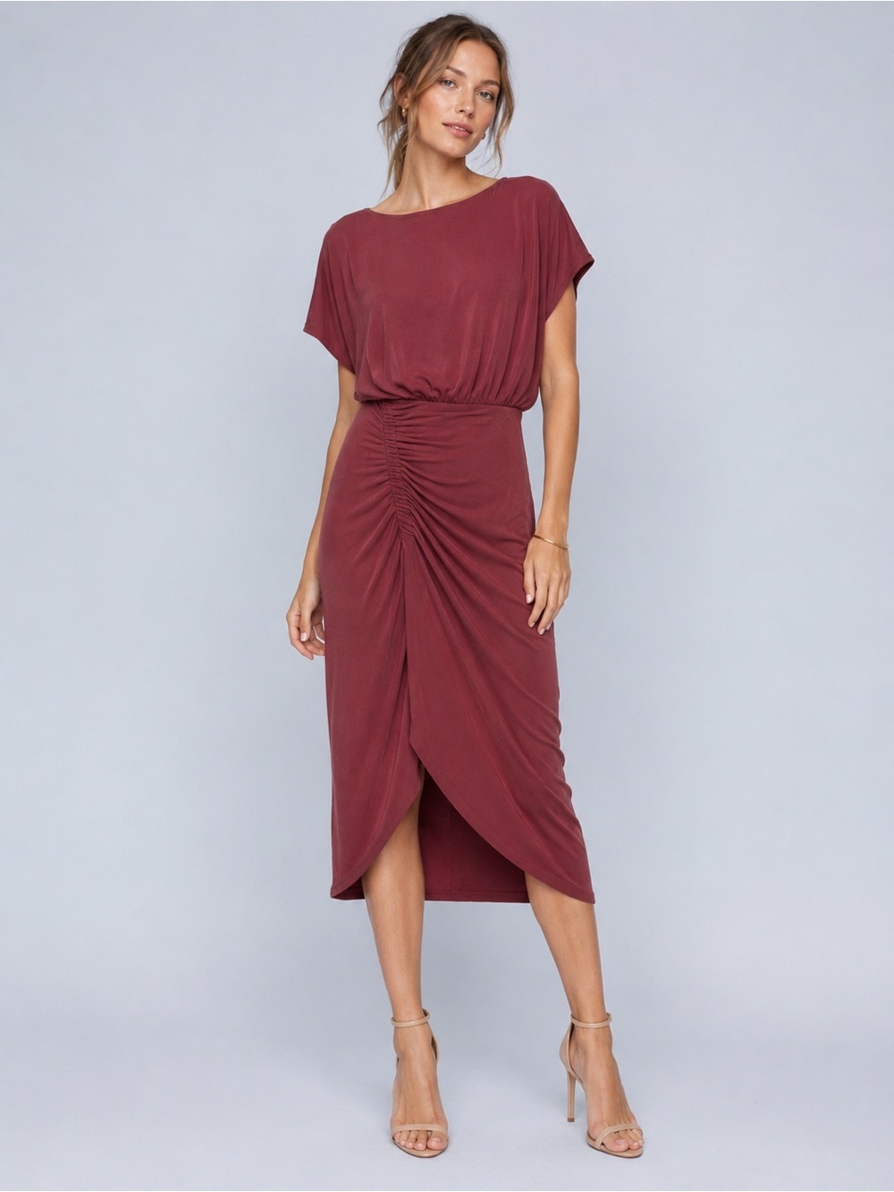 Moulinette Soeurs Etta Ruched Midi Dress in Wine Size XS